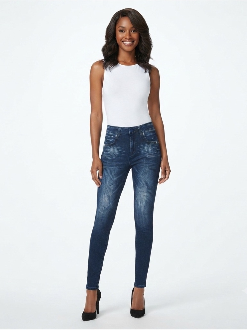 Liggings Women's Blue Faux Denim Print Jeggings Size L-XL